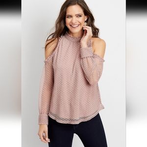 Maurices Swiss Dot Cold Shoulder Blouse Ruffle Dusty Mauve Womens Size M New